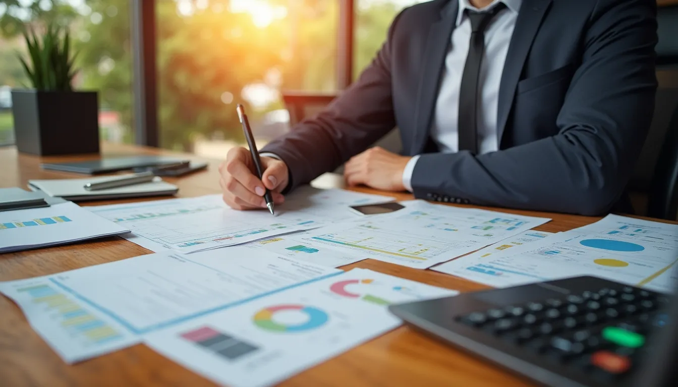 Ordentlicher Schreibtisch mit Steuerunterlagen, Taschenrechner und Laptop, professionelle Atmosphäre